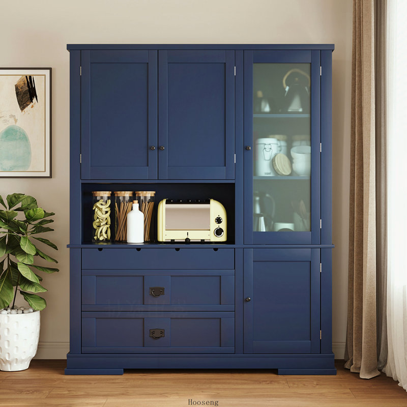 Buffet autoportant traditionnel 63,3 x 17,8 x 78,3 po avec huche, grand garde-manger avec tiroirs, tablette de porte et tablettes réglables, bleu