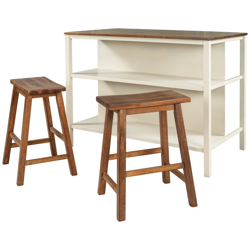 Solid Wood Rustic 3-Piece Stationary Kitchen Island Set With 2 Seatings, Rubber Wood Butcher Block Dining Table Set Prep Table Set With 2 Open Shelves For Small Places