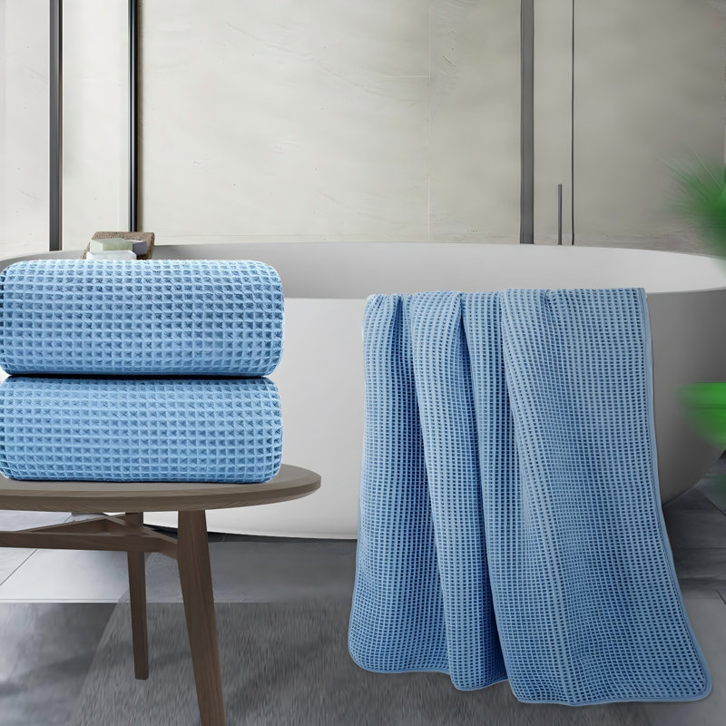 Ensemble de 2 serviettes de bain ultra-fines à séchage rapide non pelucheuses en fibres 70 x 35 pouces (bleu, tissé gaufré)