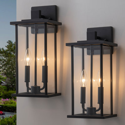 2 Pack Classic Matte Black Outdoor Wall Lantern With Clear Glass Shade