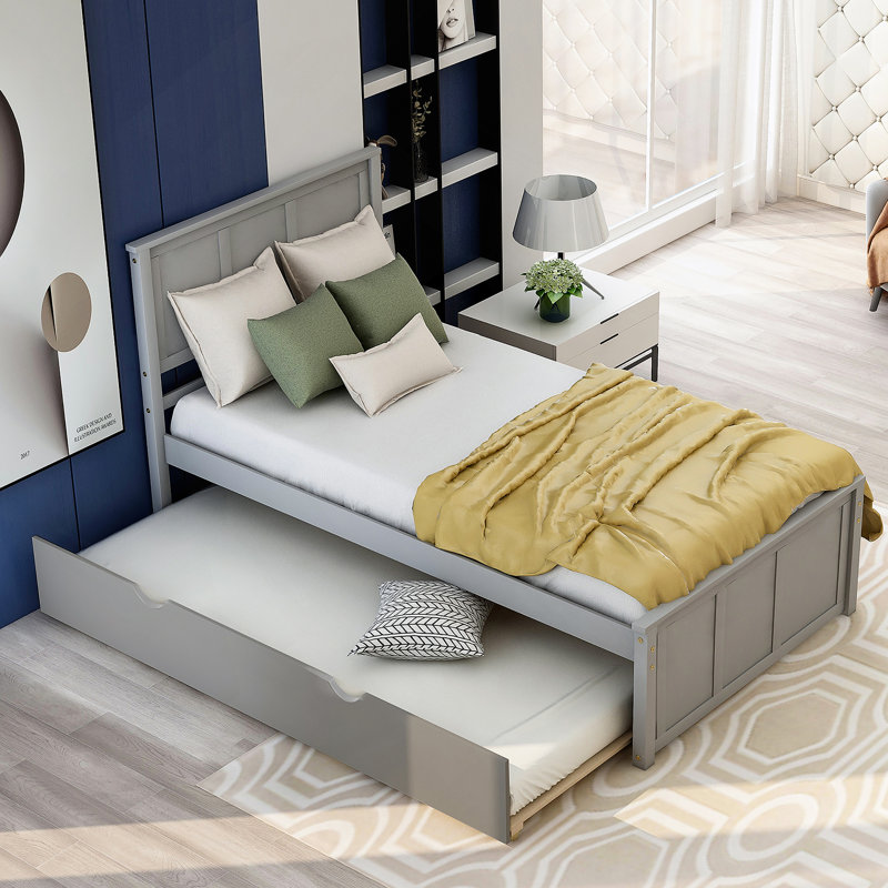 Lit plateforme avec lit gigogne, gris