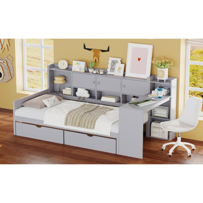 Lit de jour simple avec 3 armoires de rangement et 2 tiroirs, structure de lit de jour en L en bois avec bureau d'étude et bibliothèque intégrée, lit multifonctionnel pour chambre d'amis, gris