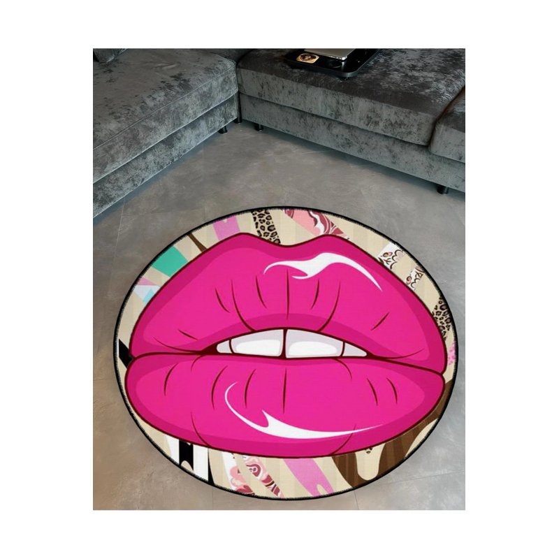 Pink Lip Pattern Detailed Woven Base Modern Decorative Carpet, Round 4'