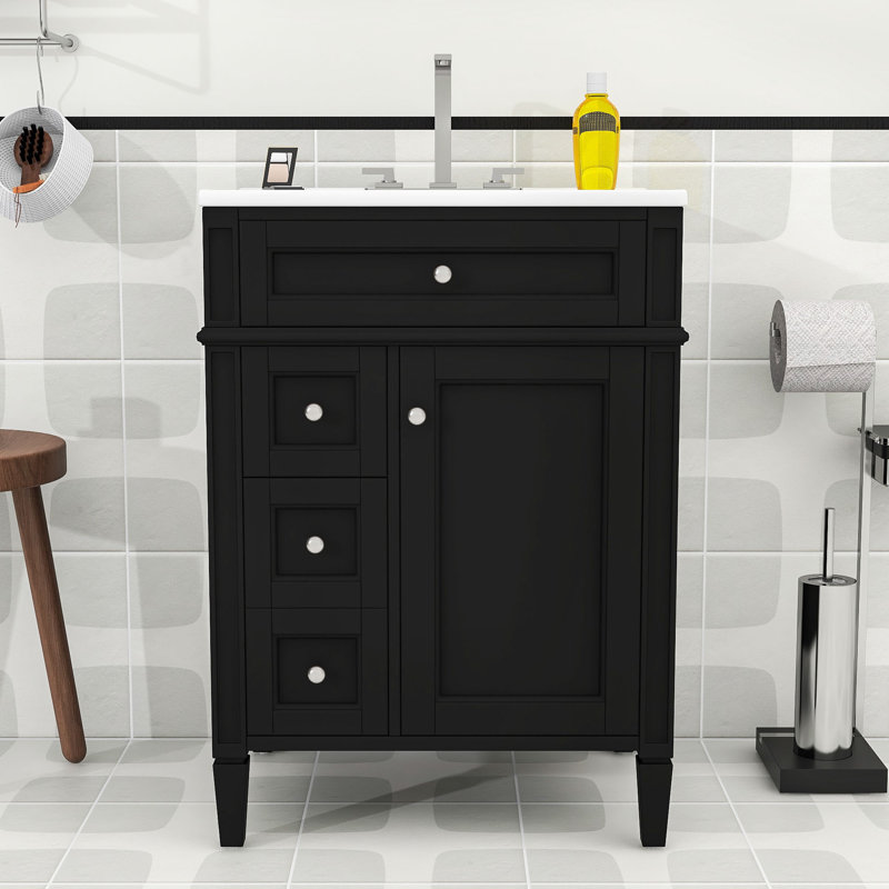 Élégant meuble-lavabo autoportant avec rangement spacieux, lavabo en céramique et fermeture en douceur, Black