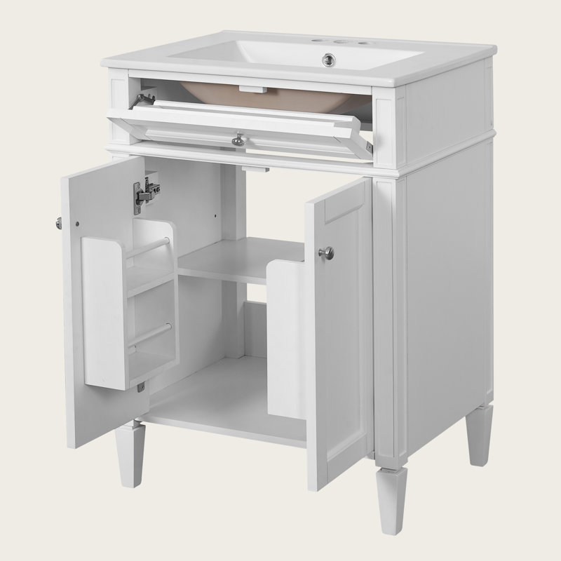 24" Bathroom Vanity with Ceramic Sink, 2 Soft-Close Doors, Tip-Out Drawer, Organizers, Silver, White