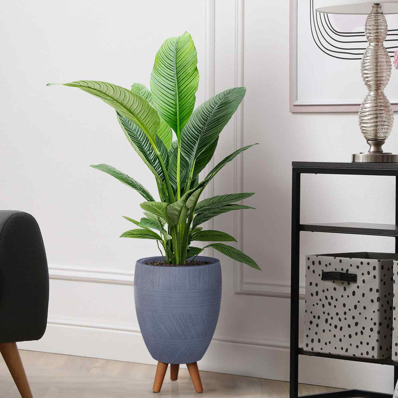 Concrete Effect Round Planter on Hardwood Legs, Round Indoor Plant Pot Stand for Indoor Plants, Indoor Flower Pot with Striped Pattern