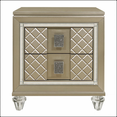 Table de chevet à finition glamour avec 2 tiroirs, pieds en acrylique et garniture de miroir biseauté pour un décor de chambre à coucher de luxe