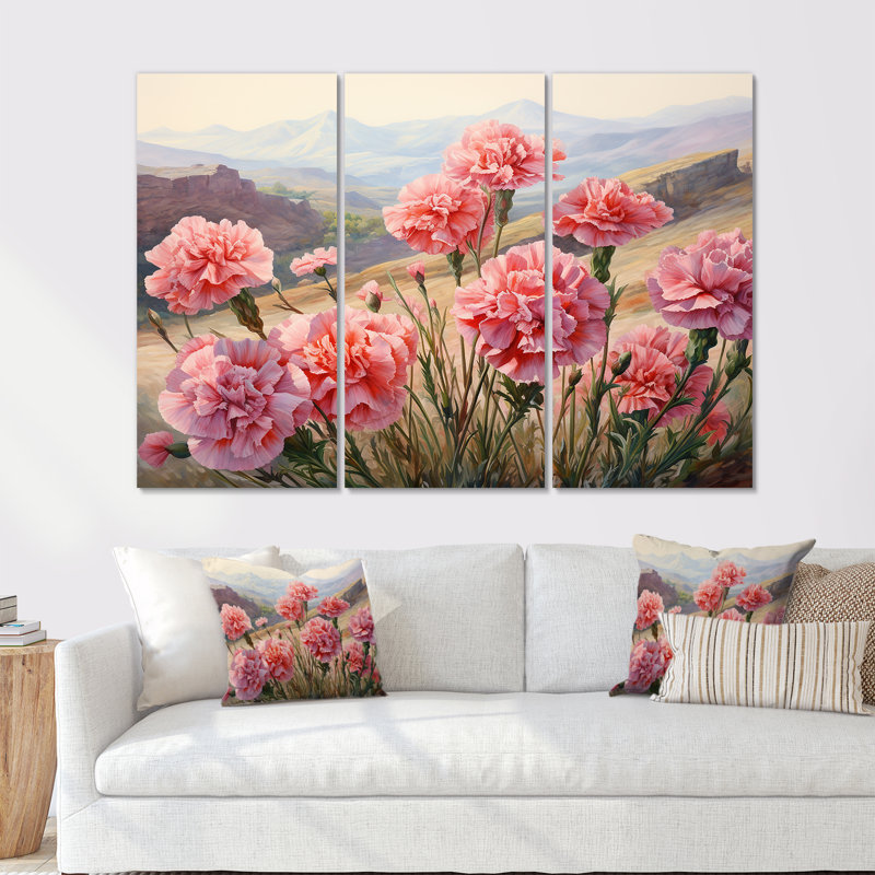 «Carnations Charm In Mountain Scenery», ensemble d'art sur toile, Toile tendue, H 40 po x l 60 po x P 1 po