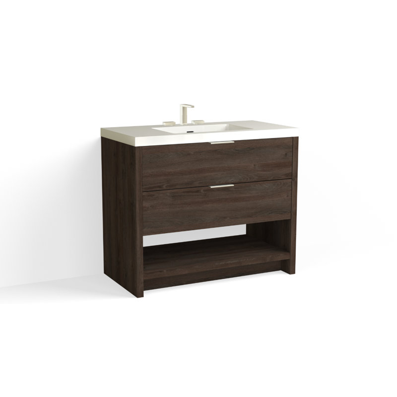 Vue 42" W Freestanding Single Bathroom Vanity, Glossy White/8" Widespread, Matte Black, White Nanomatte