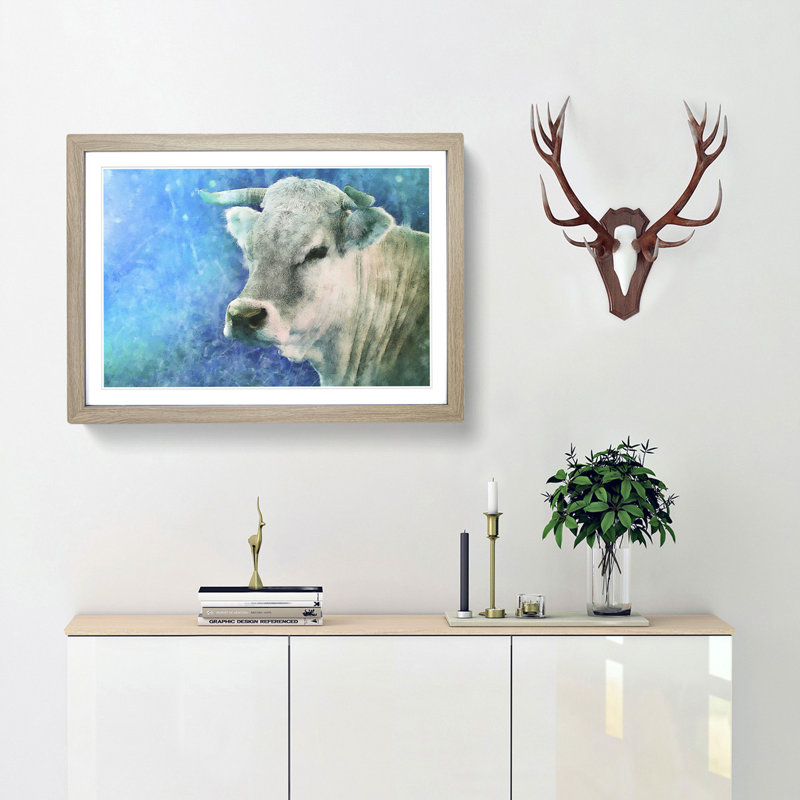 Cow in the Meadow with Blue Light - Picture Frame Painting Print, Oak Framed, 62cm H x 87cm W x 2cm D