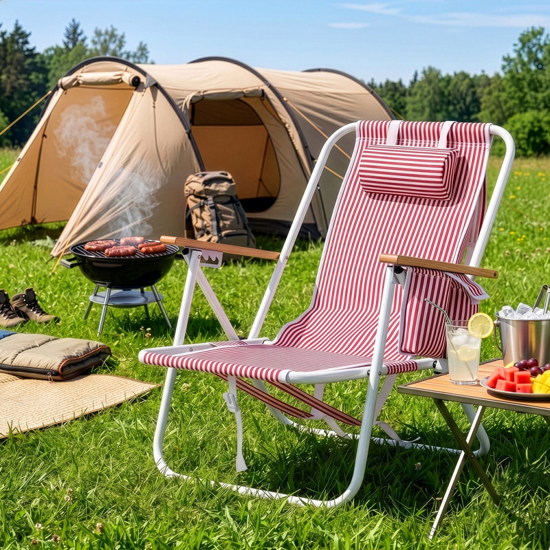 Chaise de plage pliante avec accoudoirs en bois, Red