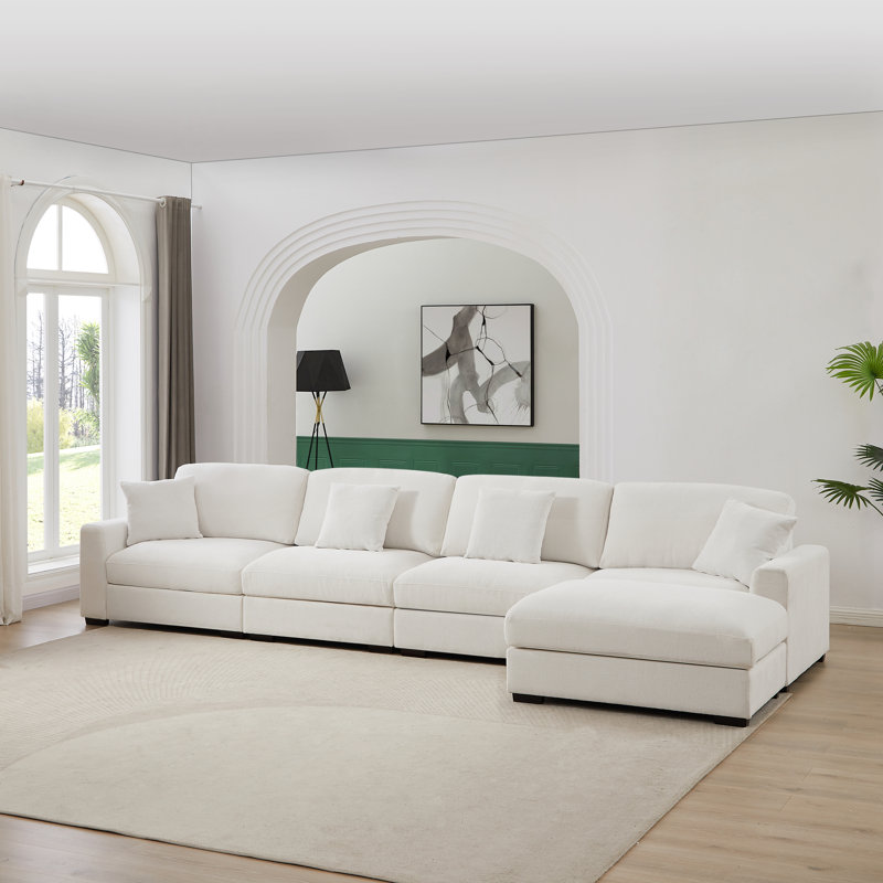 Orsina Polyester Upholstered Modular Sectional with Ottoman, White 100% Polyester