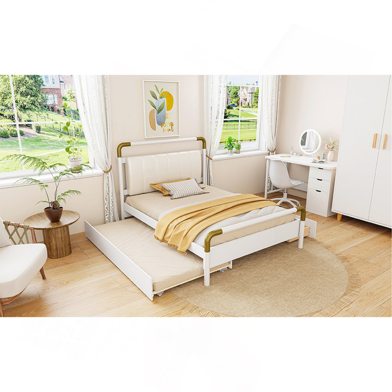 Grand lit plateforme en bois avec 2 grands tiroirs et lit gigogne T-XL