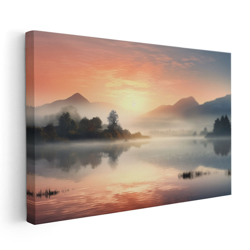 "Lac brumeux au lever du soleil", H 20 po x l 30 po