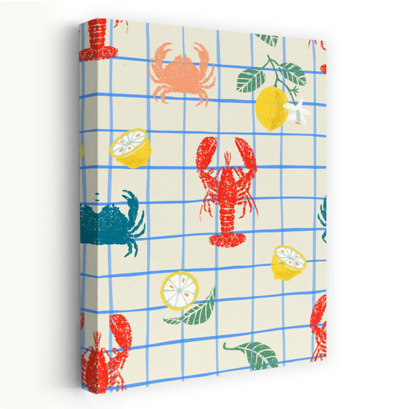 Summer Seafood Plaid Rustic Crab Lobster Coastal Wall Art Print by Annick - Wrapped Canvas Print, 45.72cm H x 30.48cm W