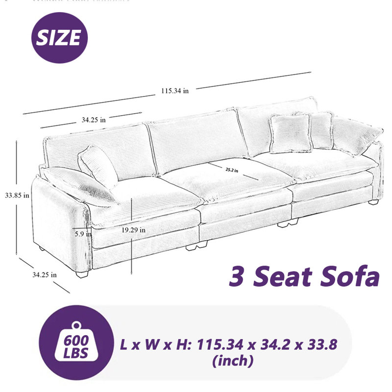 Jasmin 115'' Modern Style Corduroy Sofas, Tan