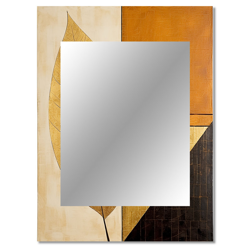 Golden Geometric Leaves Foliage III - feuilles, décor de miroir mural unique, grand miroir traditionnel, art imprimé en métal