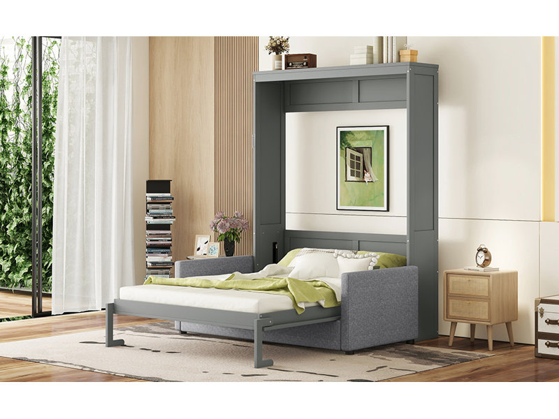 Grand lit escamotable mural avec coussin, grand, Gris