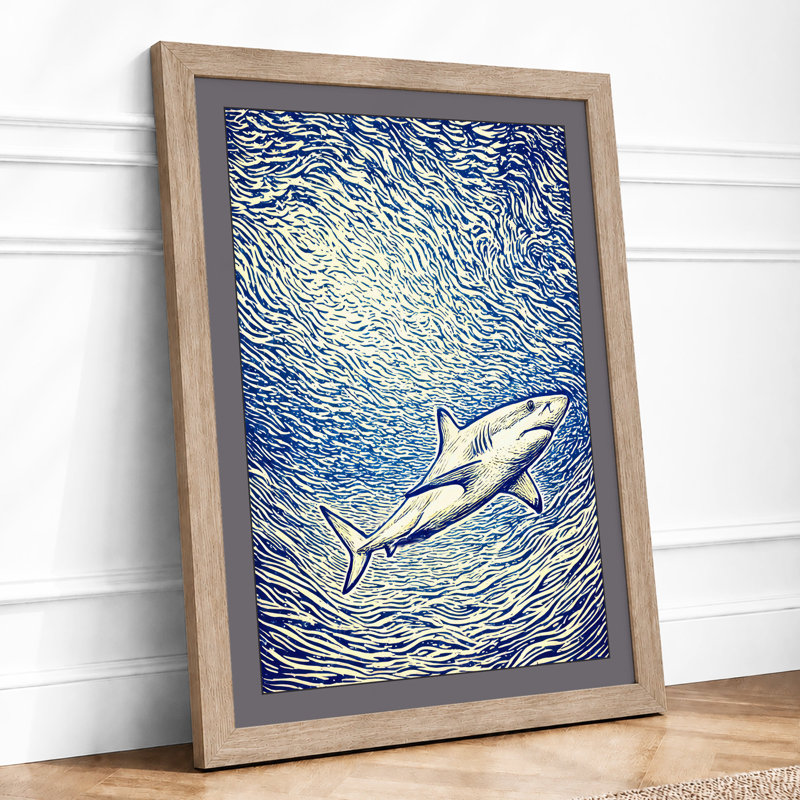Shark in Motion Coastal 1 Piece Single Picture Frame Wall Art, A4 - 29.7 x 21.0 cm, Oak
