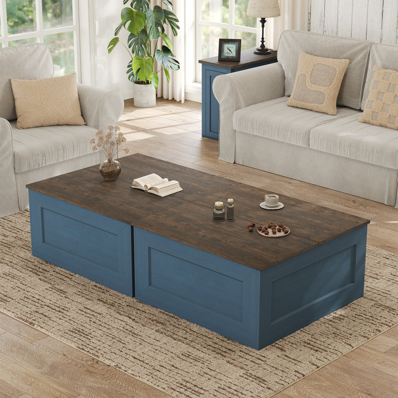 Bork Square Coffee Table For Living Room - 3 Colors Available (Black/Blue/White), Blue/Brown