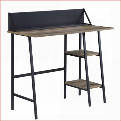 Desks, Modern Industrial Rustic Oak &amp; Black 2-Shelf Writing Desk with H-Shaped Base, Phone/Tablet Holder, 30"H x 43"W x 20"D | Oak | Particle Board+MDF