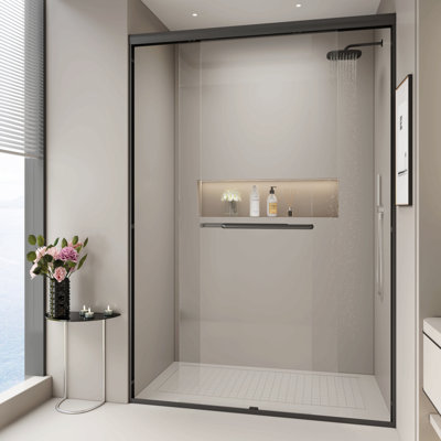 Double Sliding Shower Door, Semi-Frameless Bypass Bathroom Sliding Door With 1/4" (6Mm) Tempered Glass For Walk-In Shower