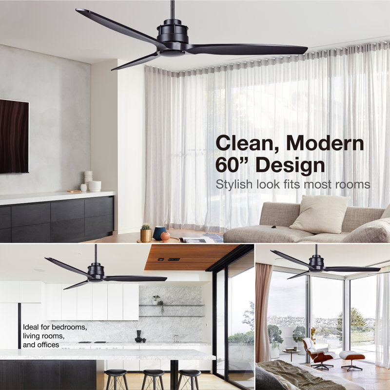 60in 3-Blades Indoor Ceiling Fan with Remote Control, Black