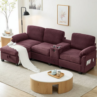 L-Shaped 4-Seater Corduroy Sectional Sofa with Movable Console, Ottoman Storage, USB/Cup Holders & Charging, Multifunctional Couch for Apartments and Living Rooms