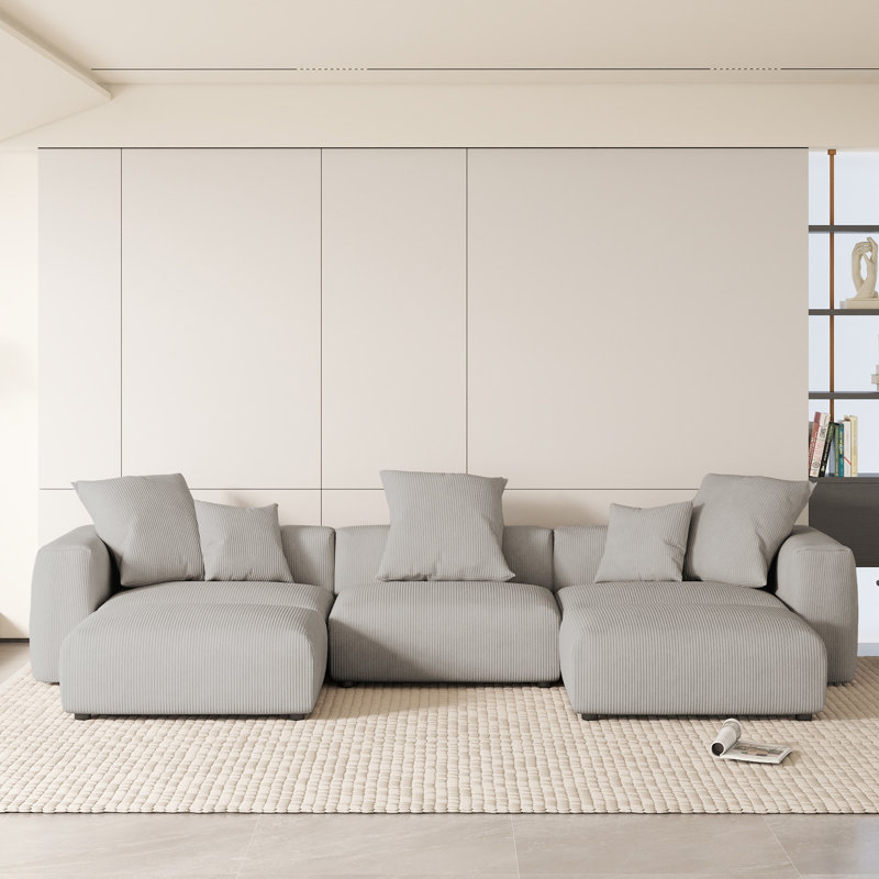 Olivery Boneless Nedek Upholstered 5-Piece Modern Modular Cloud Corduroy Fabric Sectional Sofa With Ottoman, Gray Corduroy