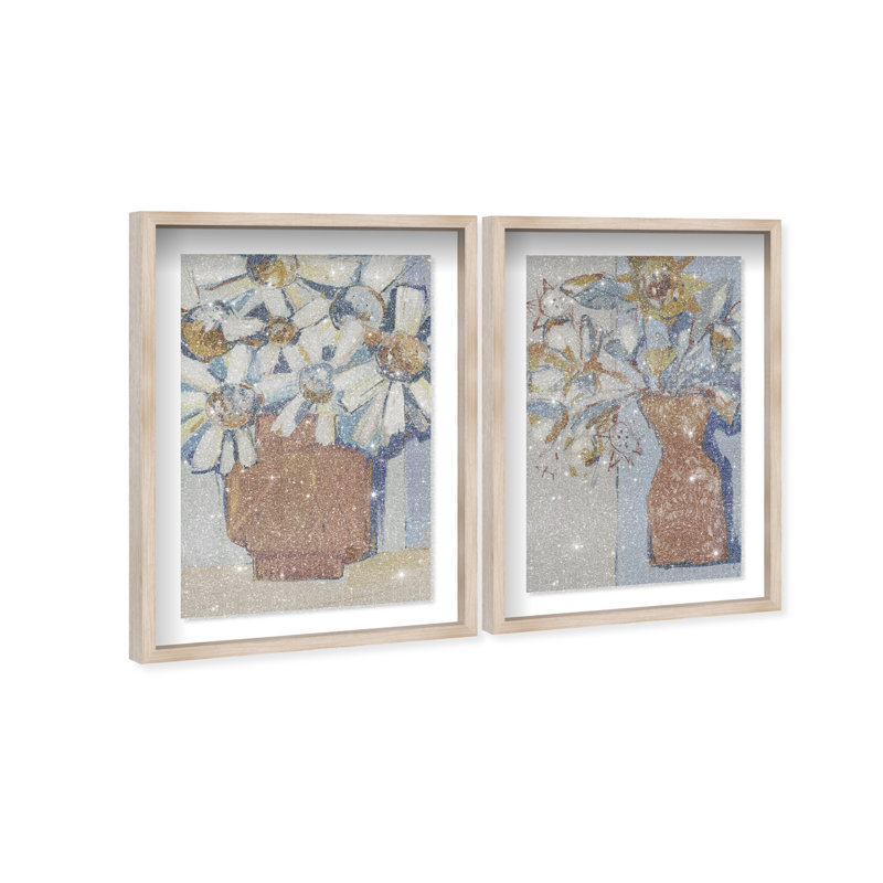 Abstract Flowers Set Shadowbox Abstract Print by Oliver Gal, Black Frame, 10 x 15, 25" H x 17" W, Natural Oak Shadowbox