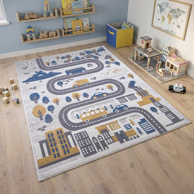Tapis pour enfant Caddy - route, circulation, voiture, ville - gris, bleu, brun