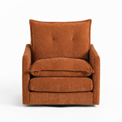 Swivel Barrel Accent Chair with Chenille Upholstery, Thick Padded Arms, Memory Foam Cushioning, Metal Rotating Base, Side Storage Pockets, Comfortable