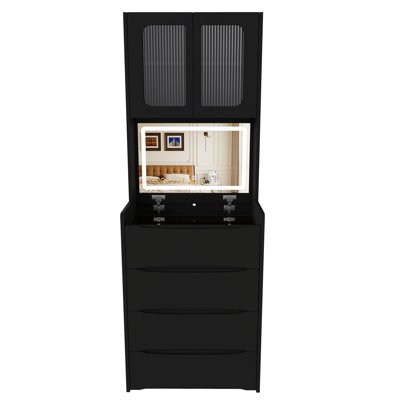 Coiffeuse noire à abattant avec miroir DEL lumineux, armoire supérieure vitrée, plusieurs tiroirs de rangement et tabouret rembourré - Meuble de chambre multifonctionnel