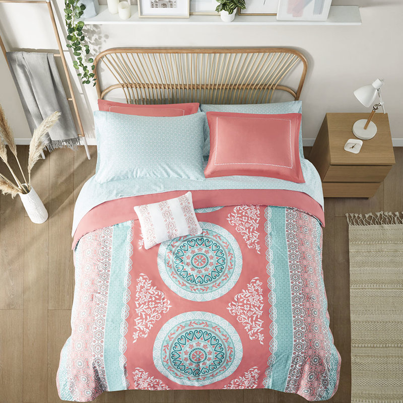 Literie pour chambre simple - édredon et draps Coral Medallion, rembourrage, look contemporain, chic, Corail