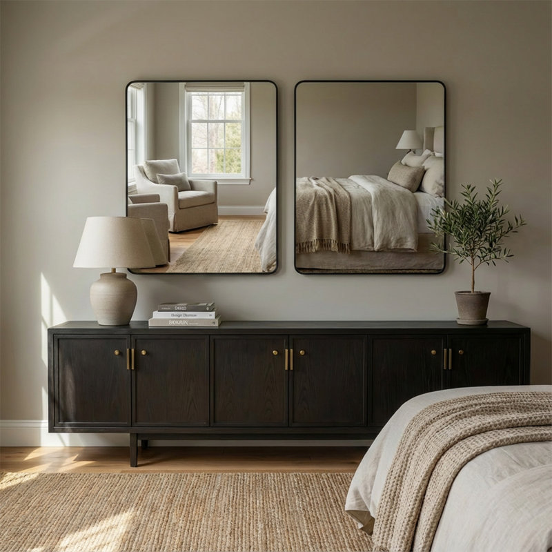 Round Metal Frame Hanging Wall Bathroom Mirror, 36' x 30", Matte Black