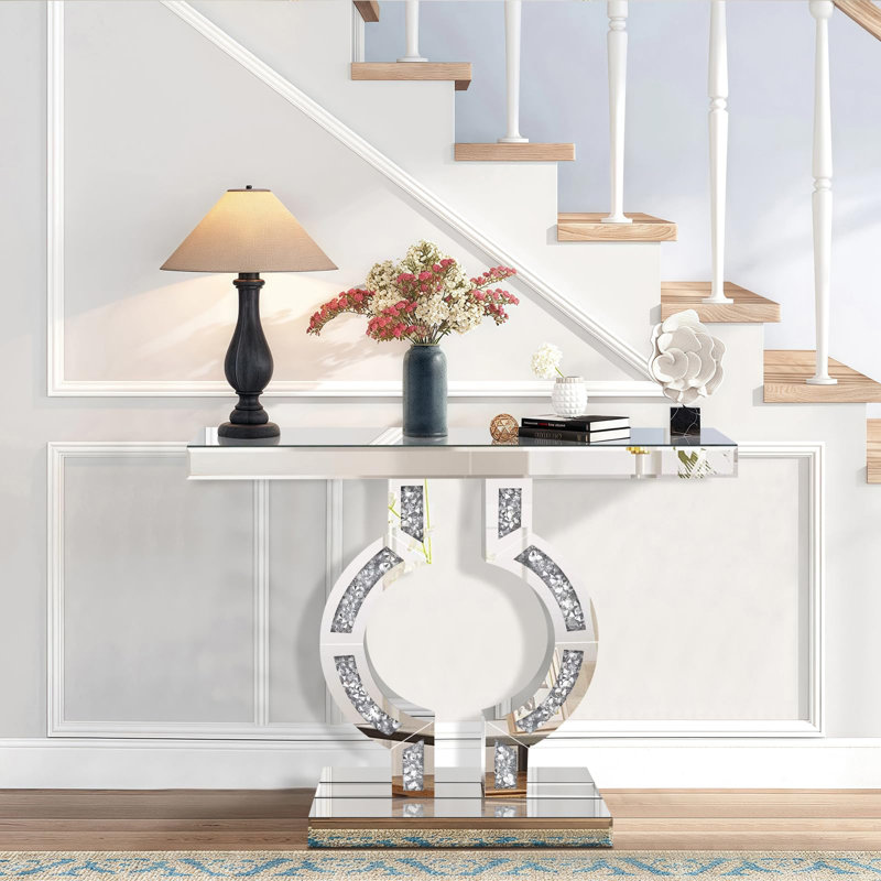 Silver Mirrored Console Table With Crushed diamond Inlay, 39.4" Long Entryway Sofatable, 0-Shaped Base Modern Accent Narrow Table