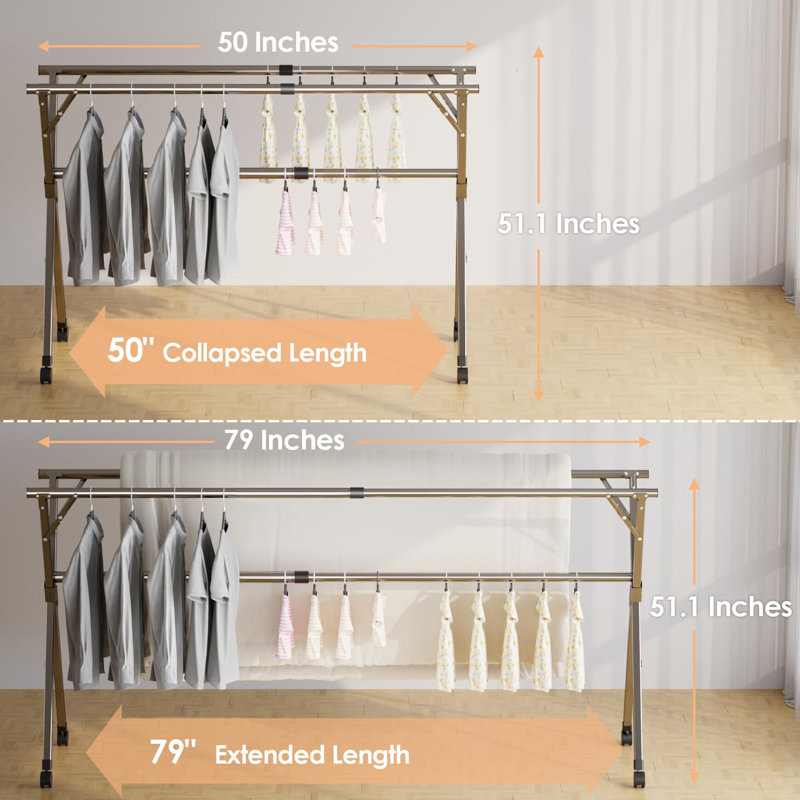 95-Inch Stainless Steel Foldable Clothes Drying Rack with Wheels