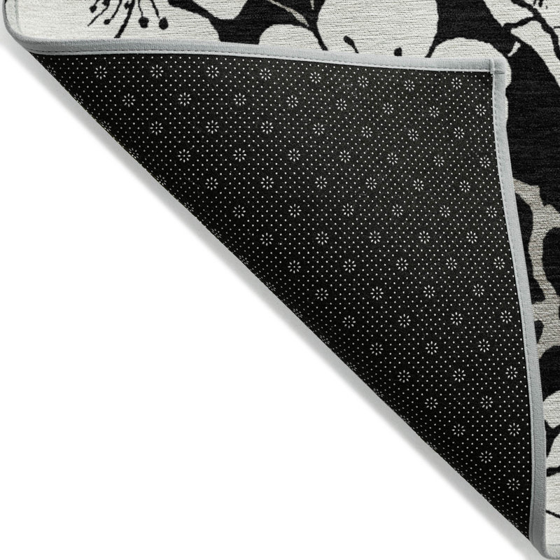 Black Floral Synthetic Rectangular Washable Rug 2'6" x 3'10"