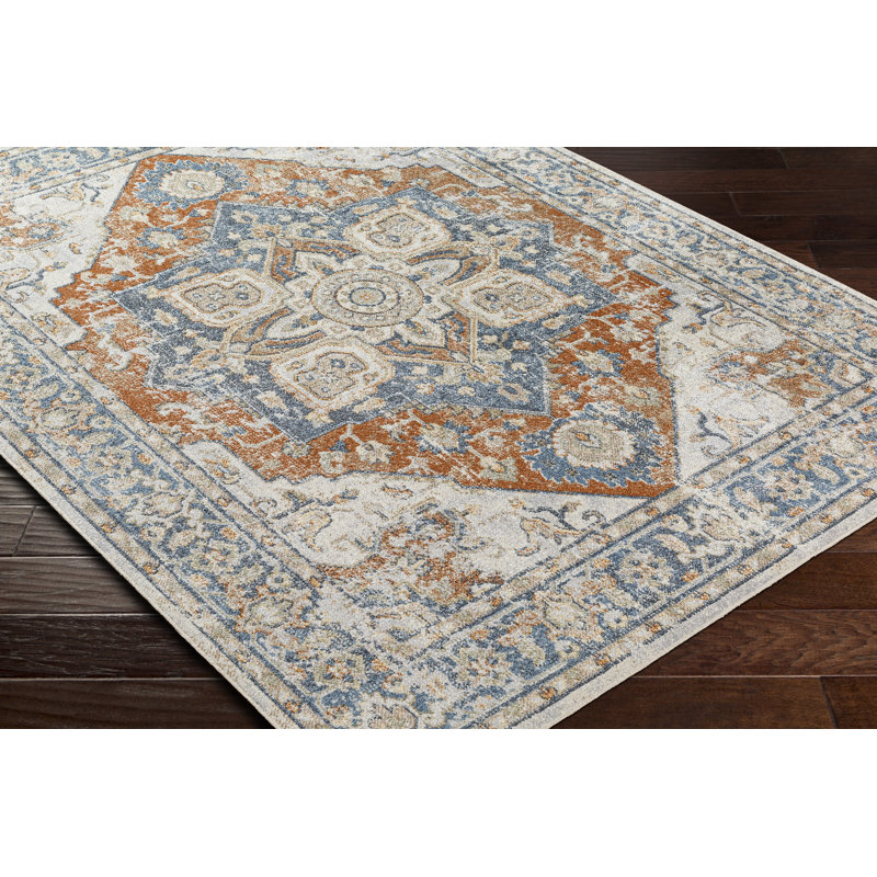 Tapis oriental bleu en polyester tissé à la machine Onorino, Rond 6 pi 7 po