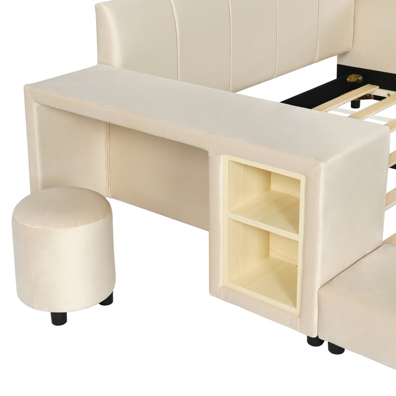 Lit tapissier au sol avec bureau de chevet et petit tabouret rond, Beige, Lit double
