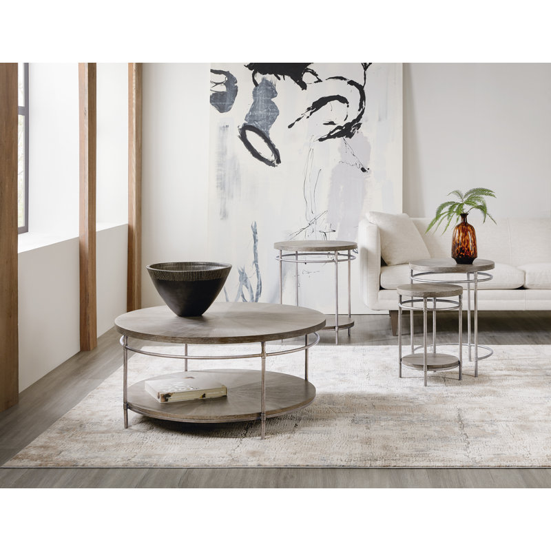 Round Brown and Gold Wood Metal Nesting Tables