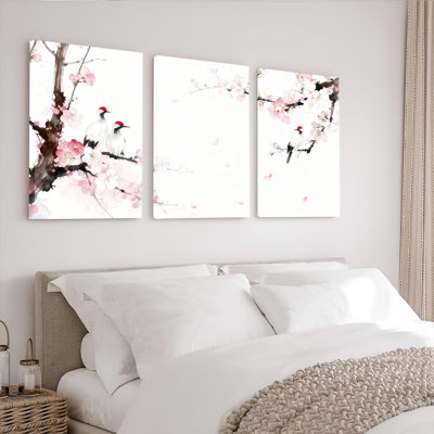 Fleur de cerisier et oiseaux, reproduction d'art sur toile tendue à l'encre de Chine traditionnelle (ensemble de 3)