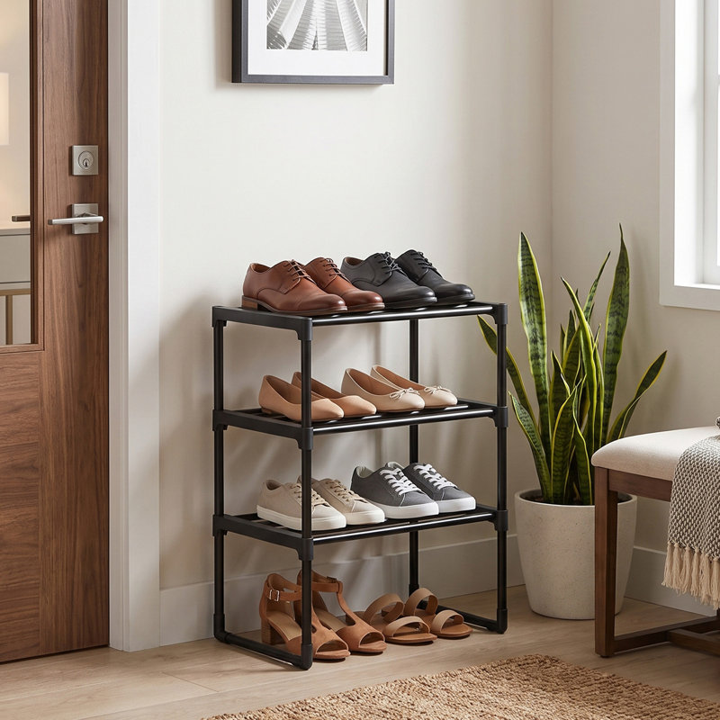 3-Tier Metal Shoe Storage Shelf, Stackable Shoe Organiser, For Entryway, Black, 21.7'' H x 16.7'' W x 11.8'' D, Black
