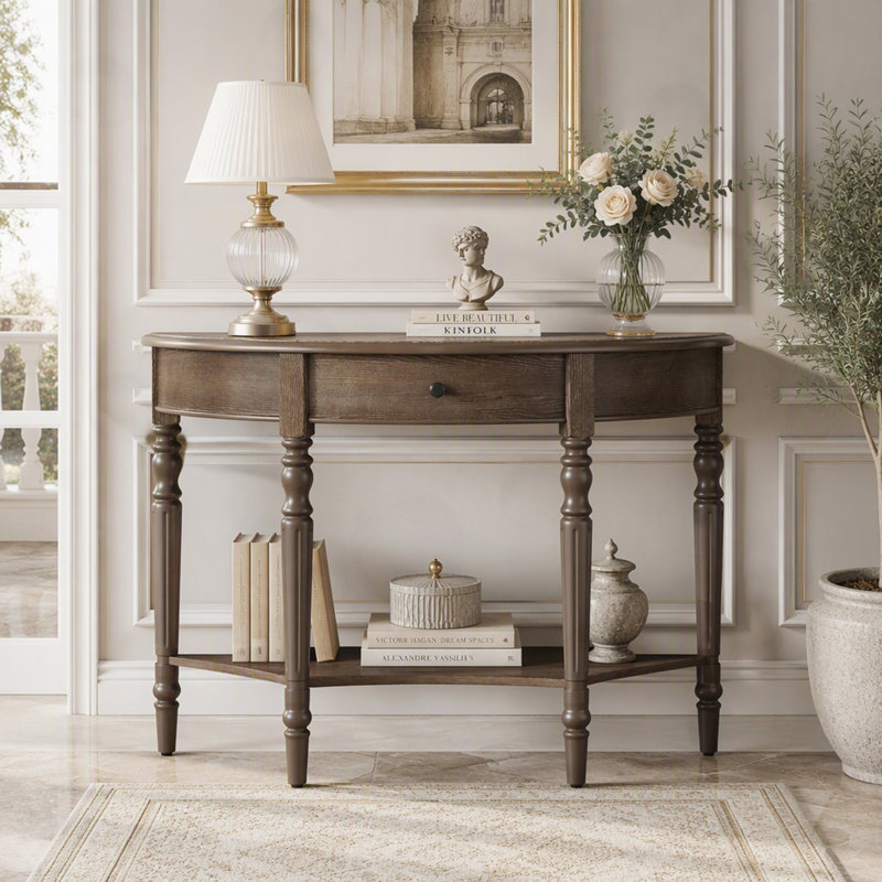 Console demi-lune avec tiroir et tablette, Noyer, Noyer, Noyer