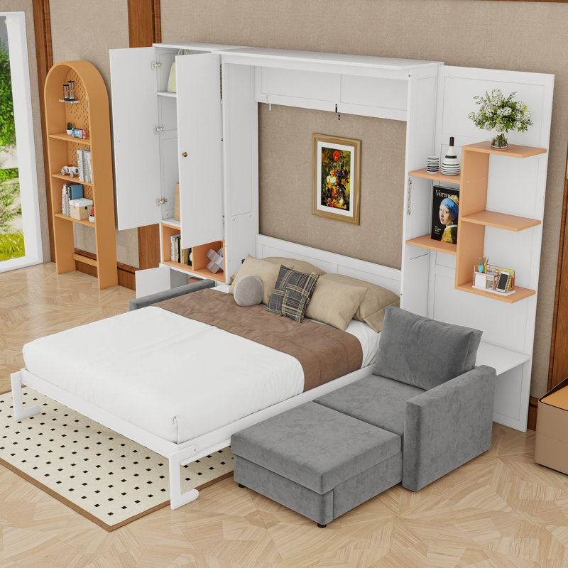 Lit escamotable avec canapé, tablettes de rangement, double éclairage et armoires, Blanc / Gris