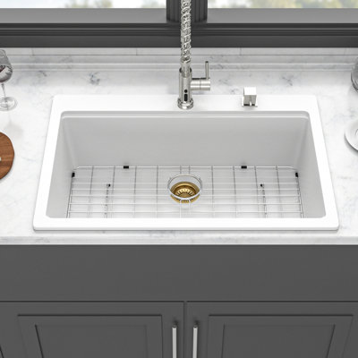 White Quartz 33" X 22" Kitchen Sink - Advanced Composite Workstation, Easy To Wipe, Non Scratching, Comes With Assembly And Installation Clips Reduces Dirt, Drying Roll Up Rack Template
