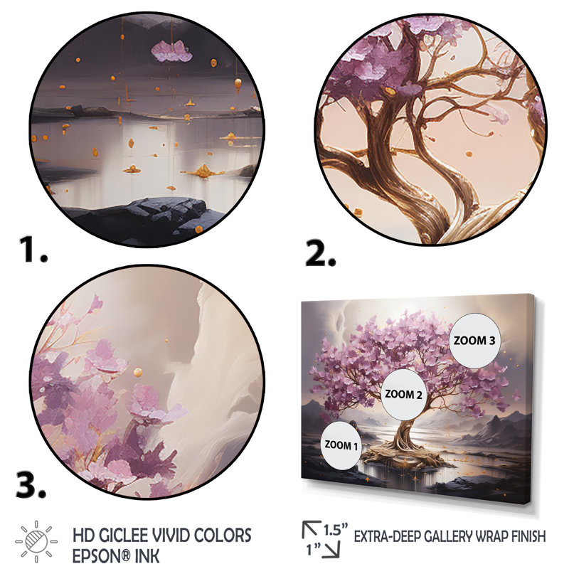 Fleur de cerisier mauve au bord du lac I - Art mural cerisier en fleurs, Cadre de coin blanc fermé