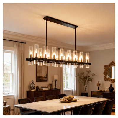 63-Inch Linear Chandelier with Clear Glass Shades in Matte Black and Wood