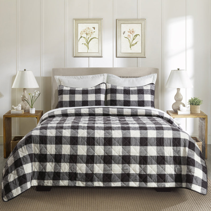  Ensemble de courtepointe réversible standard en coton 3 pièces, Noir, Courtepointe grand + 2 couvre-oreillers standard