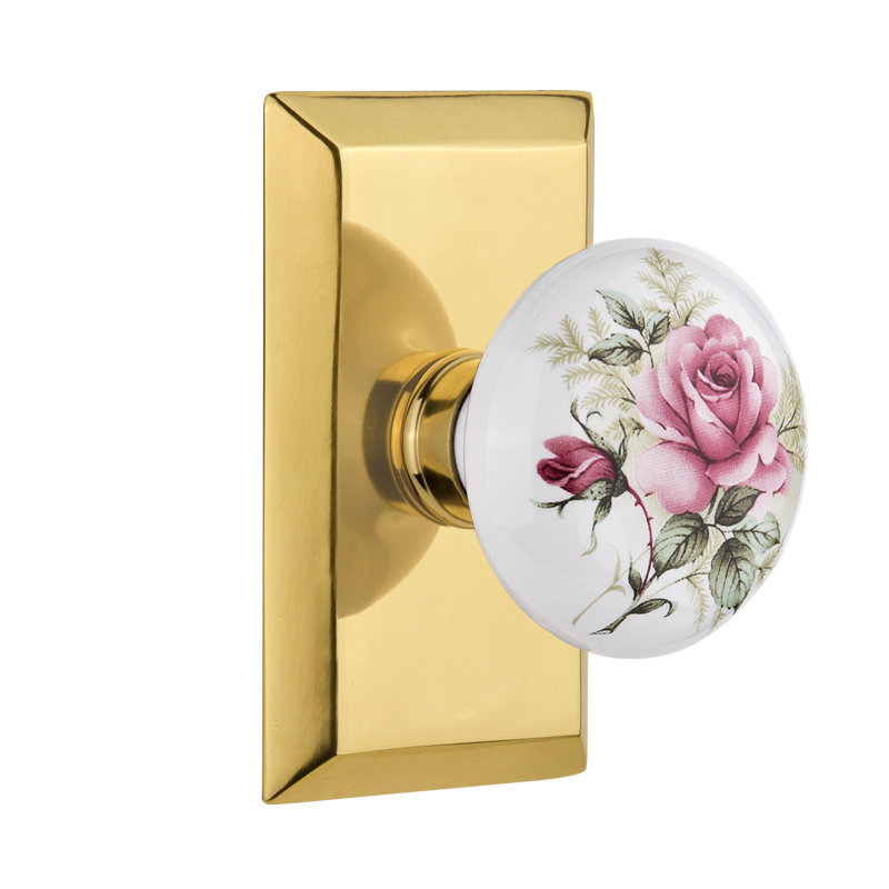 Studio Plate with White Rose Porcelain Door Knob, Polished Brass